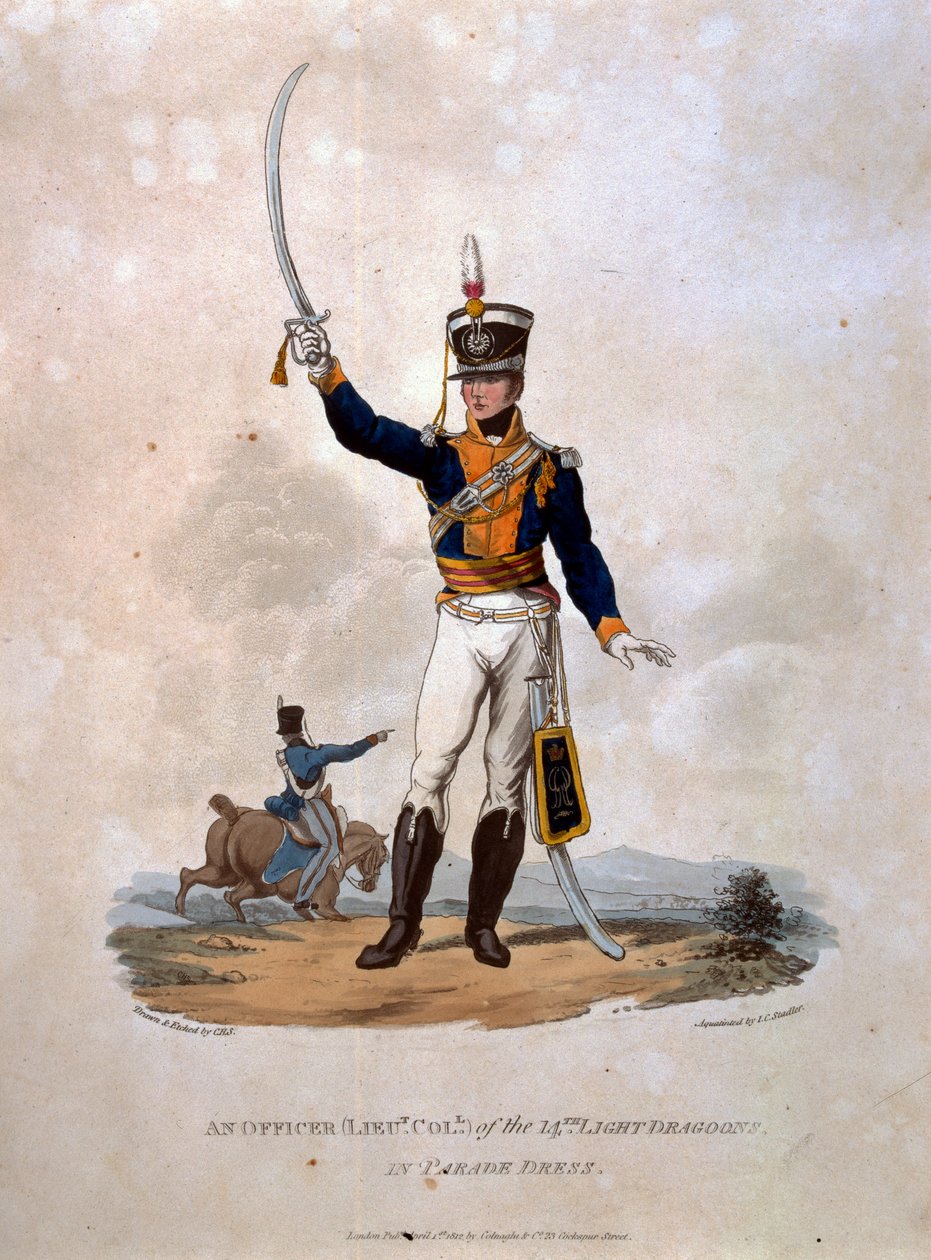 14. Light Dragonsin upseeri paraatipuvussa, kirjasta "British Imperiumin armeijan puvut, viimeisten säännösten mukaan 1812", kaiverrettu J.C. Stadler, julkaisija Colnaghi und Co. tekijältä Charles Hamilton Smith