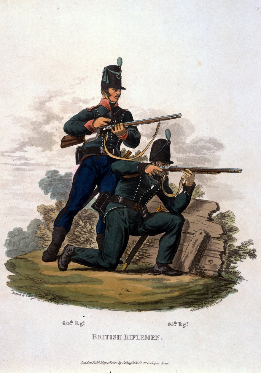 British Riflemen, teoksesta "British Imperiumin armeijan puvut, viimeisten määräysten mukaan 1812", kaiverrus J.C. Stadler, julkaissut Colnaghi und Co. 1812-15 (värillinen akvatinta) tekijältä Charles Hamilton Smith