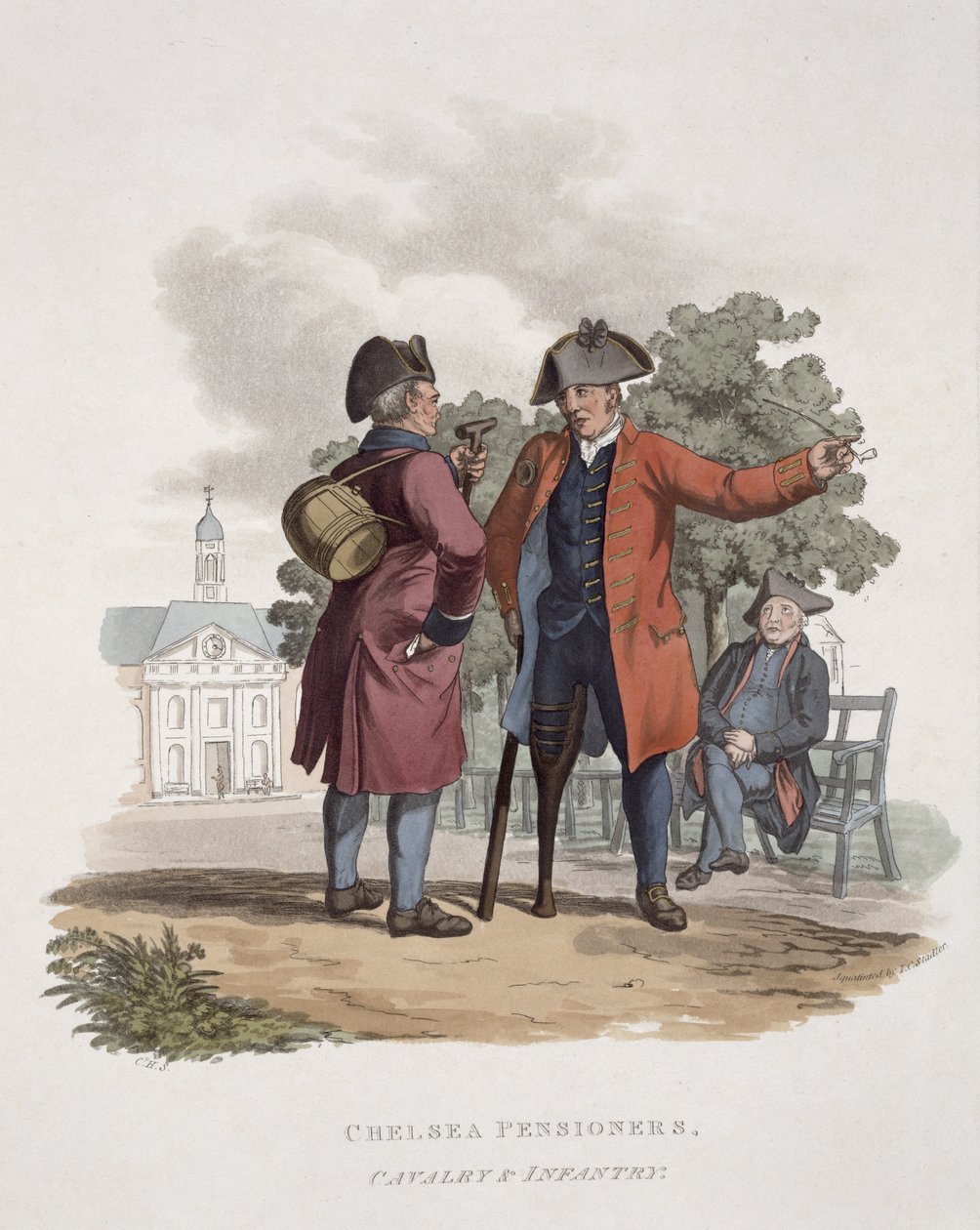 Chelsean eläkeläiset, ratsuväki ja jalkaväki, Joseph Constantine Stadlerin (1780-1812) kaiverruksesta "Costume of the Army of the British Empire", julkaistu 1812-15. tekijältä Charles Hamilton Smith