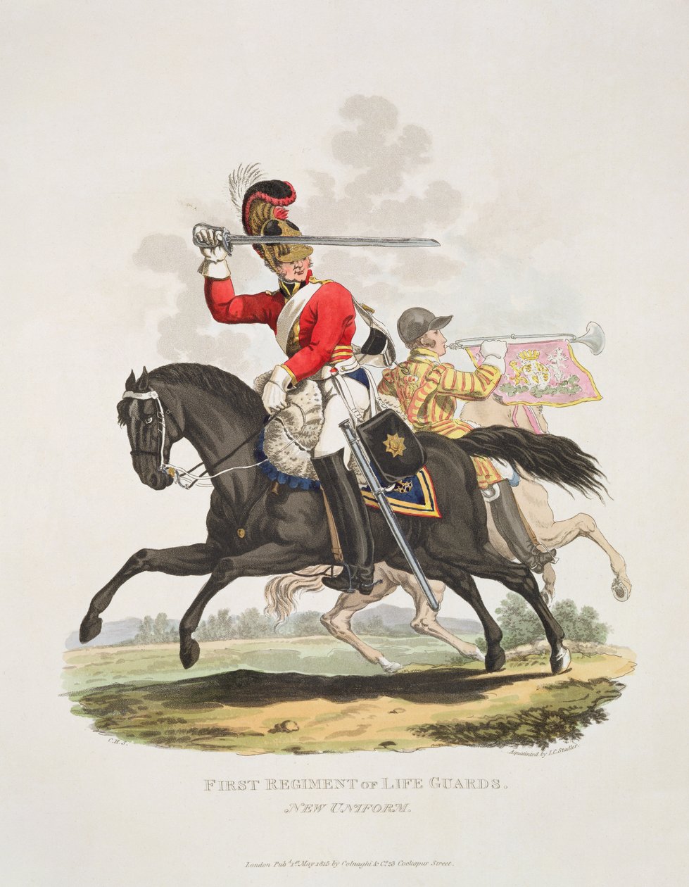 Ensimmäinen henkivartijoiden rykmentti, uusi univormu, kaiverrus Joseph Constantine Stadler, 1815 (akvatinta) tekijältä Charles Hamilton Smith