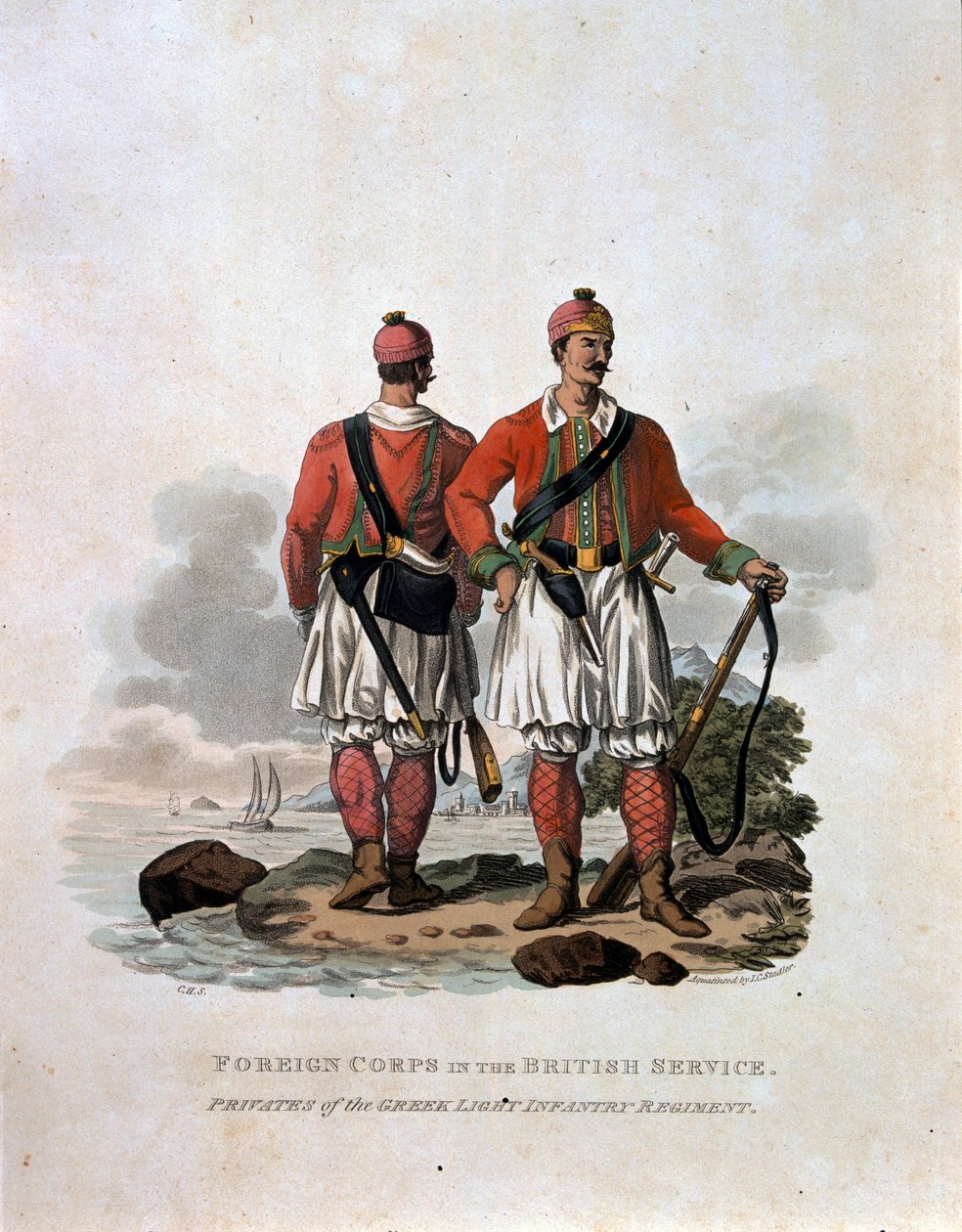 Ulkomaiset joukot Britannian palveluksessa, Kreikan kevytjalkaväkirykmentin sotilaat, teoksesta "British Imperiumin armeijan puvut, vuoden 1812 viimeisten määräysten mukaan", kaiverrus J. C. Stadler tekijältä Charles Hamilton Smith