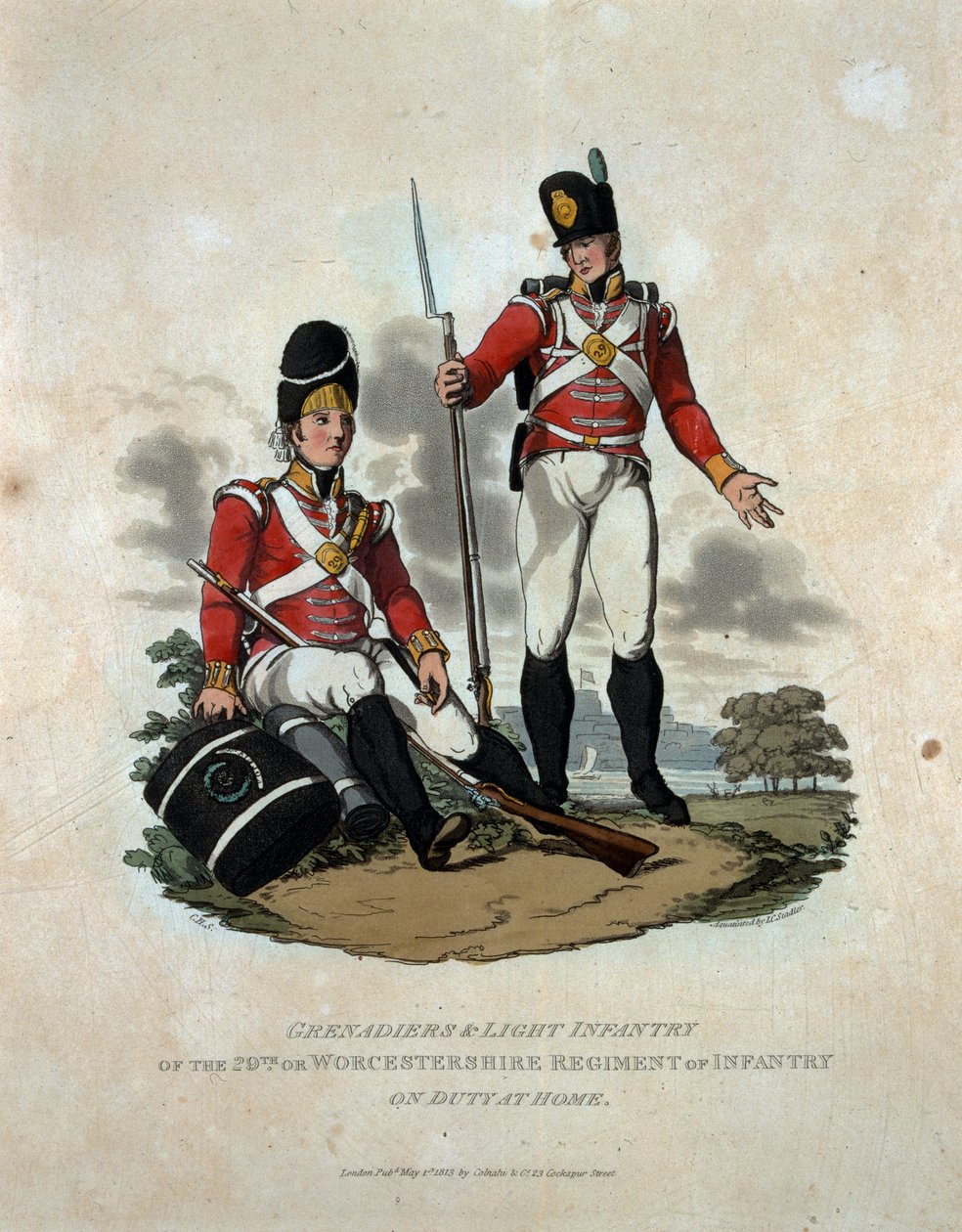 Grenadiers and Light Infantry of the 29th or, Worcestershire Regiment of Infantry on Duty at Home, julkaisusta "British Imperiumin armeijan puvut, viimeisten määräysten mukaan 1812", kaiverrettu b tekijältä Charles Hamilton Smith