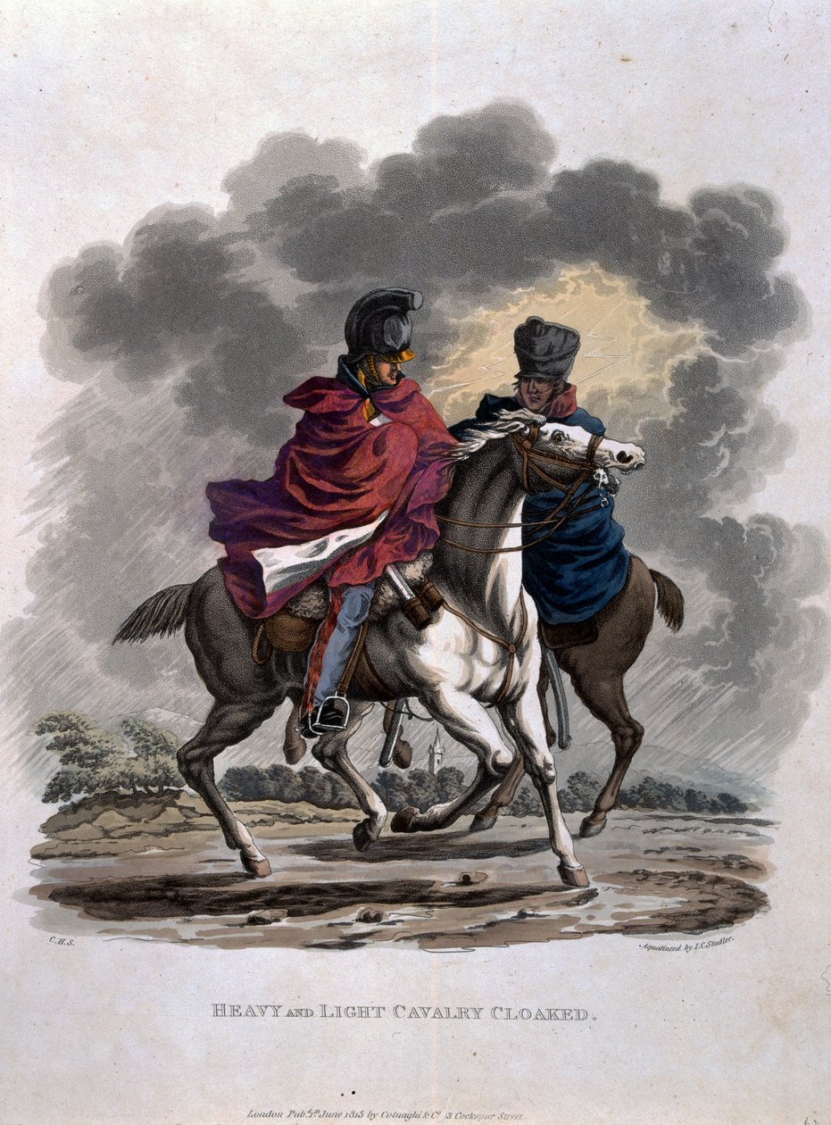 Raskas ja kevyt ratsuväki verhoutuneena, teoksesta "Costumes of the Army of the British Empire, according to the last regulations 1812", kaiverrettu J.C. Stadlerin toimesta, julkaissut Colnaghi und Co. 1812-15 (värillinen aqua). tekijältä Charles Hamilton Smith