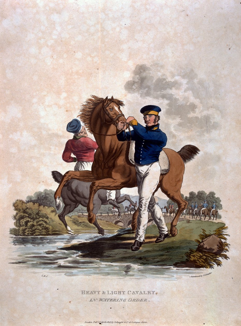 Raskas ja kevyt ratsuväki juomajärjestyksessä, teoksesta "British Imperiumin armeijan puvut, viimeisten määräysten mukaan 1812", kaiverrettu J.C. Stadler, julkaissut Colnaghi und Co. 1812-15 (sara). tekijältä Charles Hamilton Smith