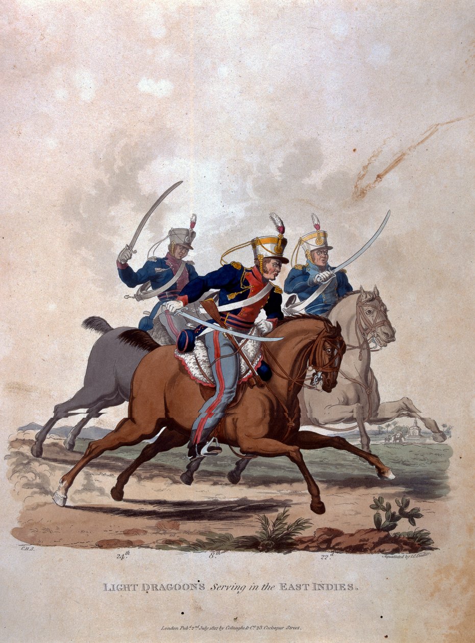 Itä-Intiassa palvelevat kevyet dragoonit, kuvasta "Costumes of the Army of the British Empire, according to the last regulations 1812", kaiverrettu J.C. Stadlerin toimesta, julkaissut Colnaghi und Co. 1812-15 (väri: "Costumes of the Army of the British Emp tekijältä Charles Hamilton Smith