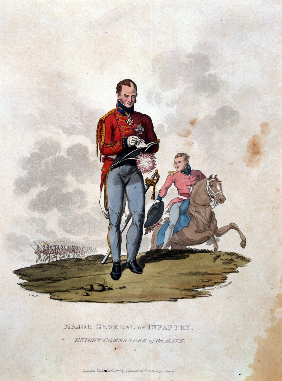 Jalkaväen kenraalimajuri Knight Commander of the Bath, teoksesta "British Imperiumin armeijan puvut, viimeisten säännösten mukaan 1812", kaiverrettu J.C. Stadler, julkaissut Colnaghi und Co. tekijältä Charles Hamilton Smith