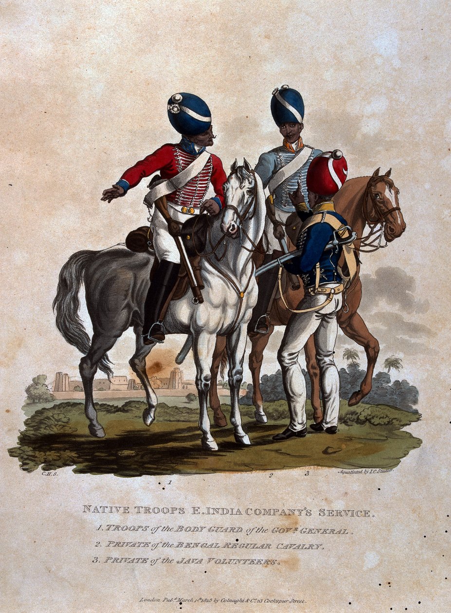 Alkuperäisjoukot, Itä-Intian yhtiön palvelu, kenraalikuvernöörin ruumisvartioston joukot, Bengalin sotamies, julkaisusta "British Imperiumin armeijan puvut, viimeisimmän ilmoituksen mukaan" tekijältä Charles Hamilton Smith