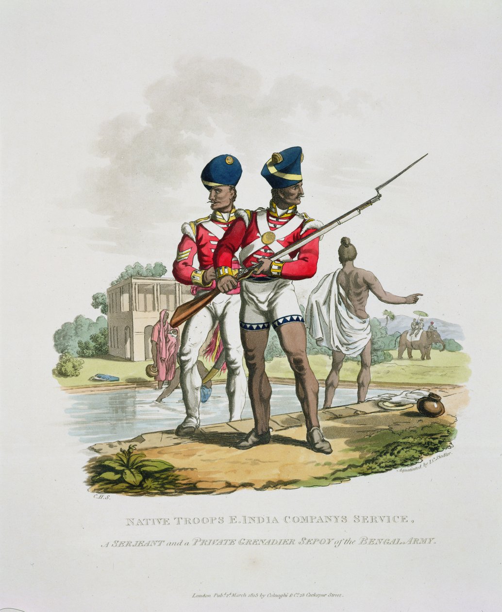 Alkuperäiset joukot Itä-Intian yrityksen palveluksessa: kersantti ja yksityinen kranaadieri Sepoy Bengalin armeijasta, kaiverrus Joseph Constantine Stadler, 1815 (akvatinta) tekijältä Charles Hamilton Smith