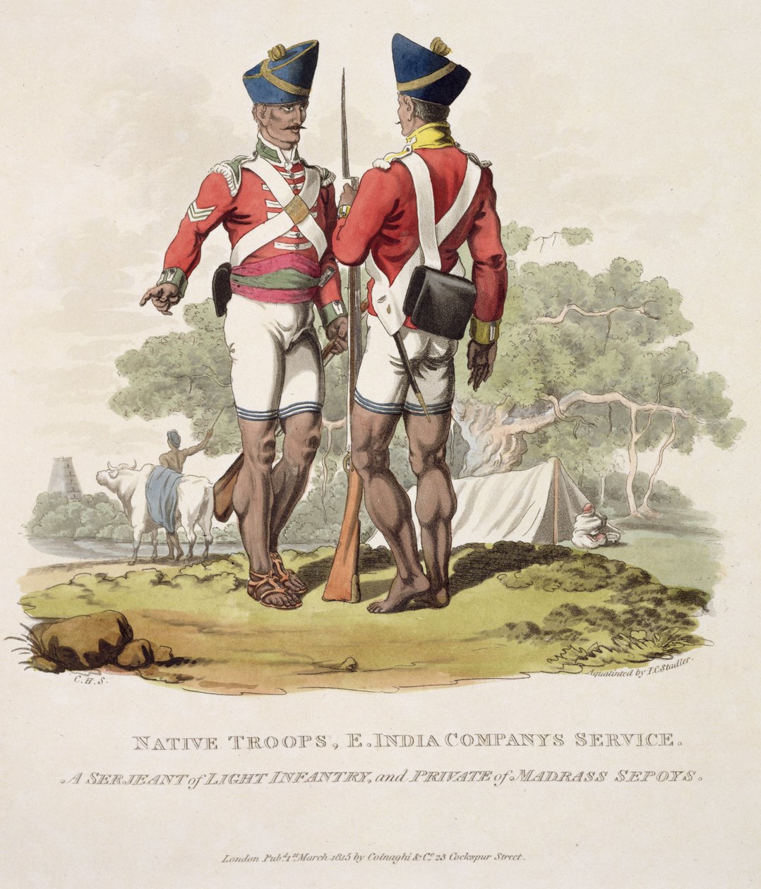 Alkuperäisjoukot Itä-Intian yrityksen palveluksessa: Kevyen jalkaväen kersantti ja Madras Sepoysin sotamies, kaiverrus Joseph Constantine Stadler, 1815 (akvatinta) tekijältä Charles Hamilton Smith