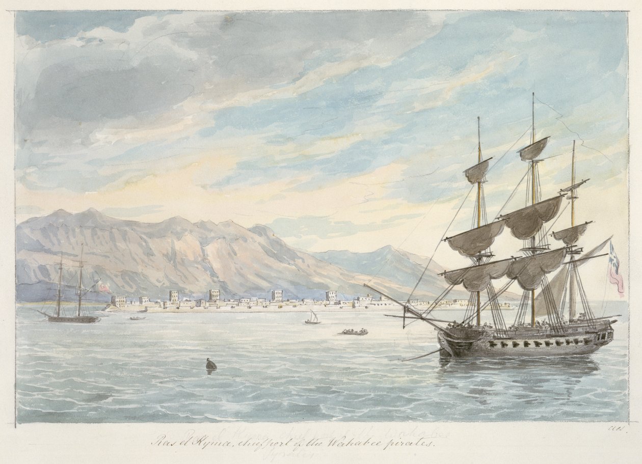 Ras el Kijma, Wakabee-merirosvojen pääsatama, noin 1800-luvulla (grafiitti ja akvarelli). tekijältä Charles Hamilton Smith