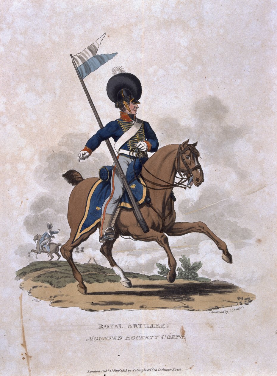 Royal Artillery Mounted Rockett Corps, teoksesta "British Imperiumin armeijan puvut, viimeisten määräysten mukaan 1812", kaiverrettu J. C. Stadler, julkaissut Colnaghi und Co. 1812-15 (väri) tekijältä Charles Hamilton Smith