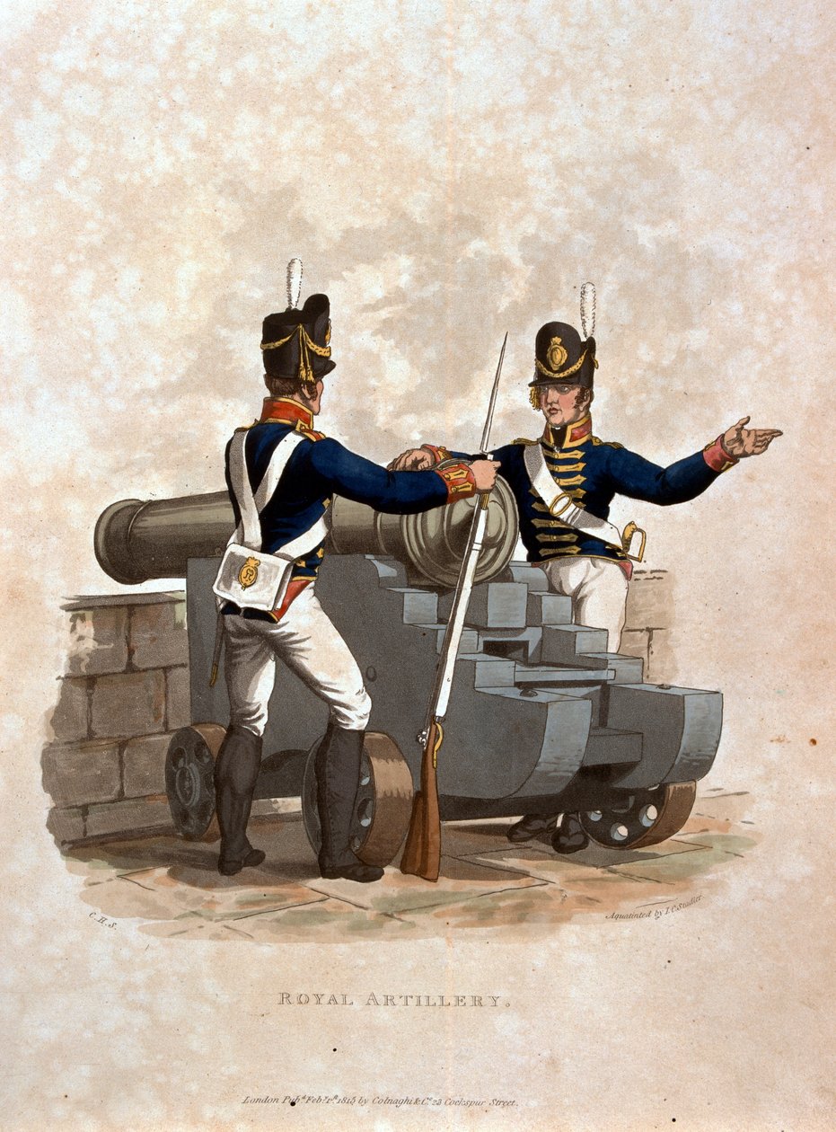 Kuninkaallinen tykistö, teoksesta "Costumes of the Army of the British Empire, according to the last regulations 1812", kaiverrettu J.C. Stadlerin toimesta, julkaissut Colnaghi und Co. 1812-15 (värillinen akvatintta). tekijältä Charles Hamilton Smith