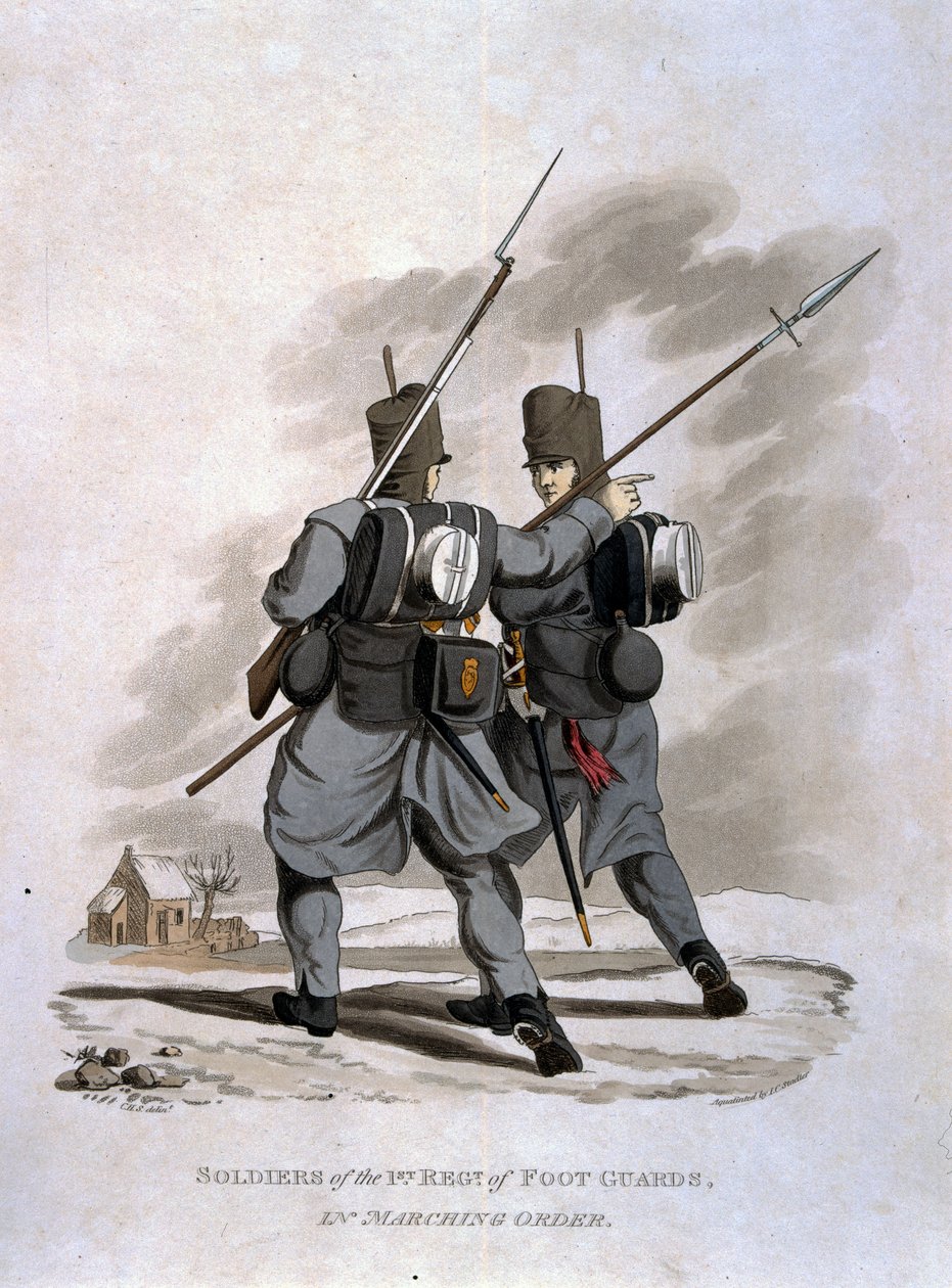 Sotilaat 1. Jalkavartijoiden rykmentistä marssijärjestyksessä, julkaisusta "British Imperiumin armeijan puvut, viimeisten määräysten mukaan 1812", kaiverrettu J. C. Stadler, julkaisija Colnagh tekijältä Charles Hamilton Smith