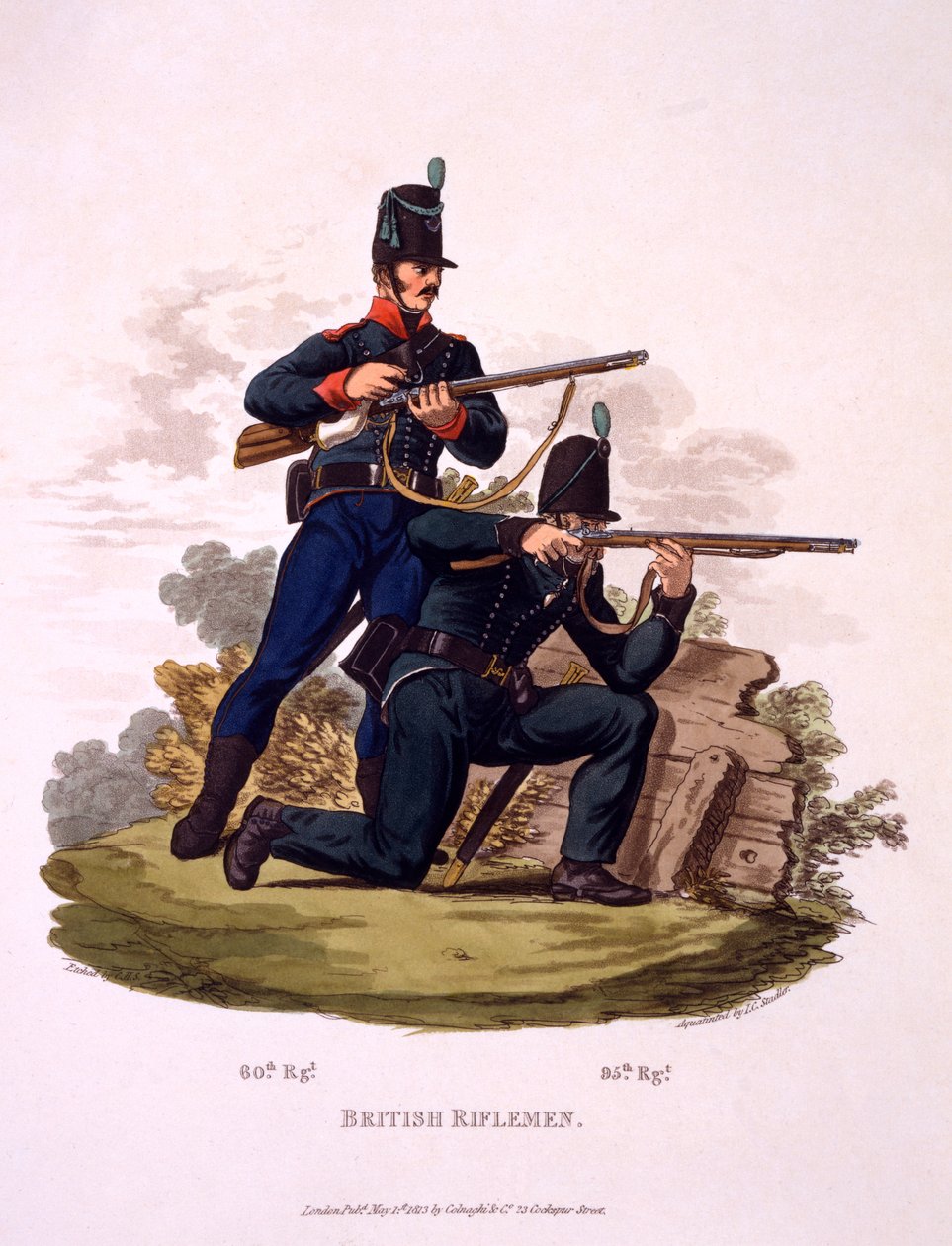 Brittiläisten kiväärimiesten univormu (60. ja 95. rykmentit), vuonna 1813 julkaistusta julkaisusta "British Imperiumin puku, viimeisten säännösten mukaan" (käsinvärinen akvatinta) tekijältä Charles Hamilton Smith