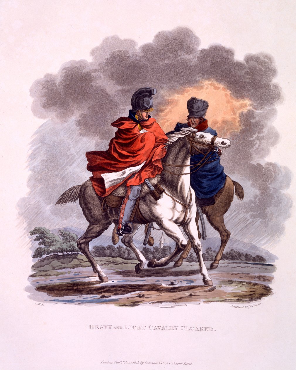 Raskaan ja kevyen ratsuväen univormu verhottu, julkaisusta "British Imperiumin puku, viimeisten määräysten mukaan", julkaistu 1815 (käsinvärinen akvatinta) tekijältä Charles Hamilton Smith