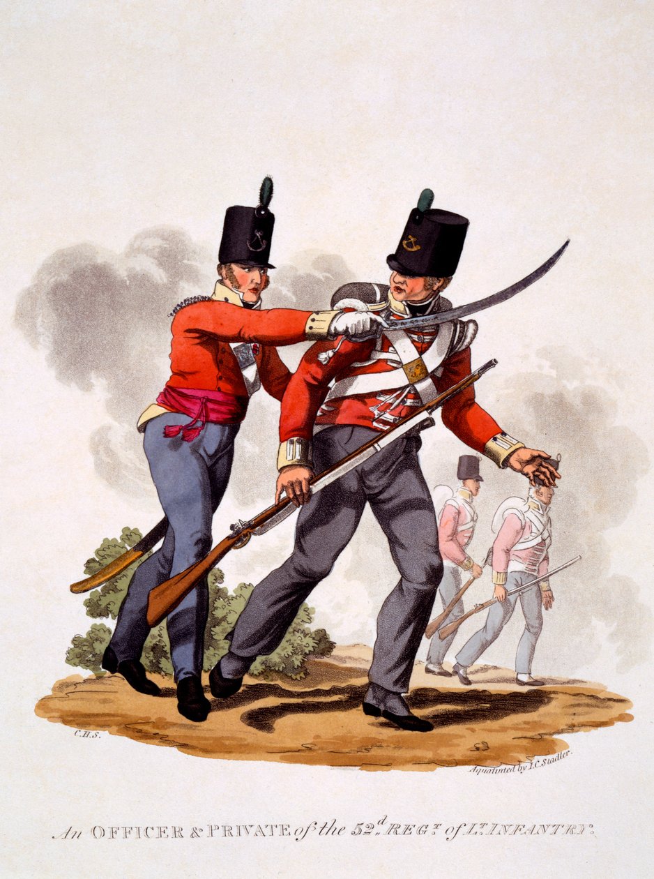 Univormu upseerin ja sotamies 52. Regt. Kevytjalkaväki, kaiverrus Joseph Constantine Stadler (fl.1780-1812), 1812-15 (käsinvärinen akvatinta) tekijältä Charles Hamilton Smith