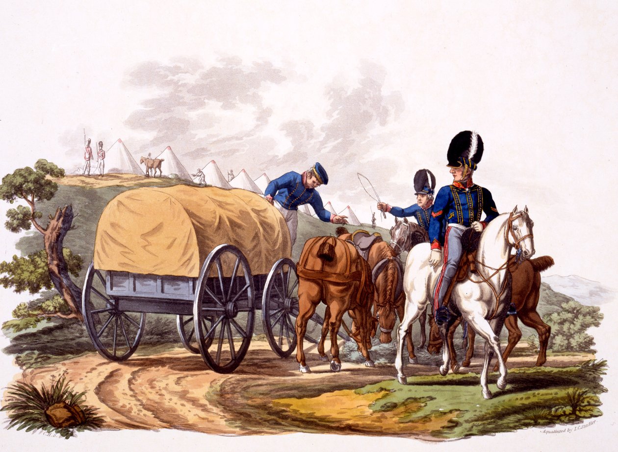 Kuninkaallisten tykistökuljettajien univormu (vaunun ja leirin kanssa), teoksesta "British Imperiumin puku, viimeisten määräysten mukaan", julkaistu 1812-15 (käsinvärinen akvatinta) tekijältä Charles Hamilton Smith
