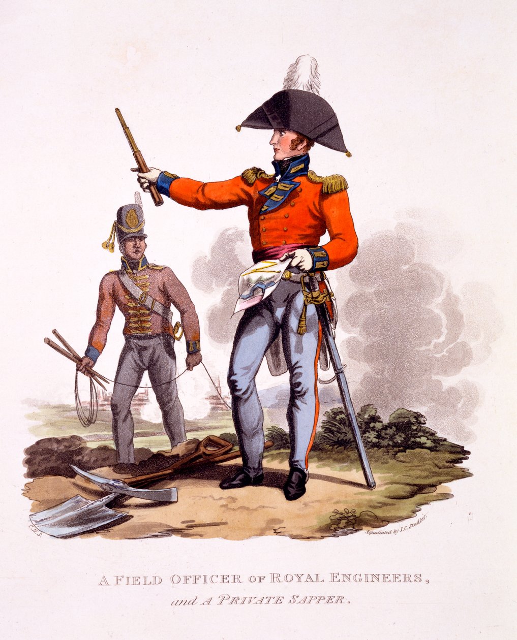 Kuninkaallisten insinöörien kenttäupseerin ja yksityisen sapöörin univormu vuonna 1815 julkaistusta Brittiläisen imperiumin asusta viimeisten säännösten mukaan (käsinvärinen akvatinta) tekijältä Charles Hamilton Smith