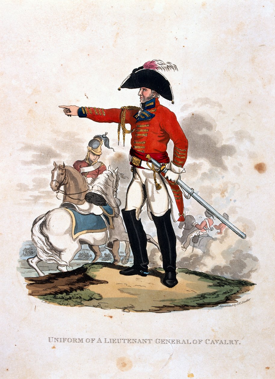 Ratsuväen kenraaliluutnantin univormu julkaisusta "British Imperiumin armeijan puvut, viimeisten määräysten mukaan 1812", kaiverrettu J. C. Stadler, julkaissut Colnaghi und Co. 1812-15 (sara). tekijältä Charles Hamilton Smith