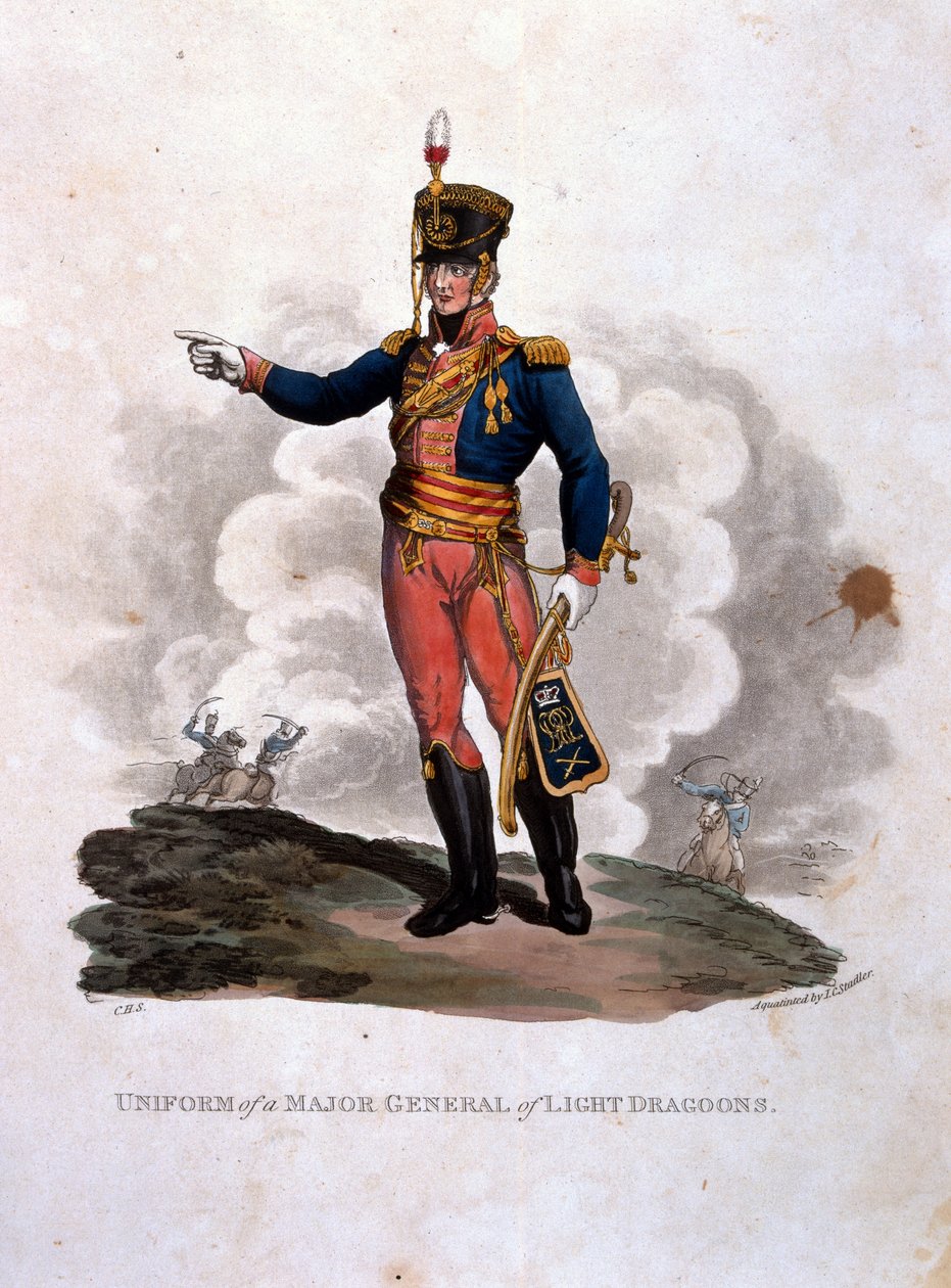 Kevyiden lohikäärmeiden kenraalimajurin univormu teoksesta "British Imperiumin armeijan puvut, viimeisten määräysten mukaan 1812", kaivertanut J. C. Stadler, julkaissut Colnaghi und Co. 1812-15 ( tekijältä Charles Hamilton Smith