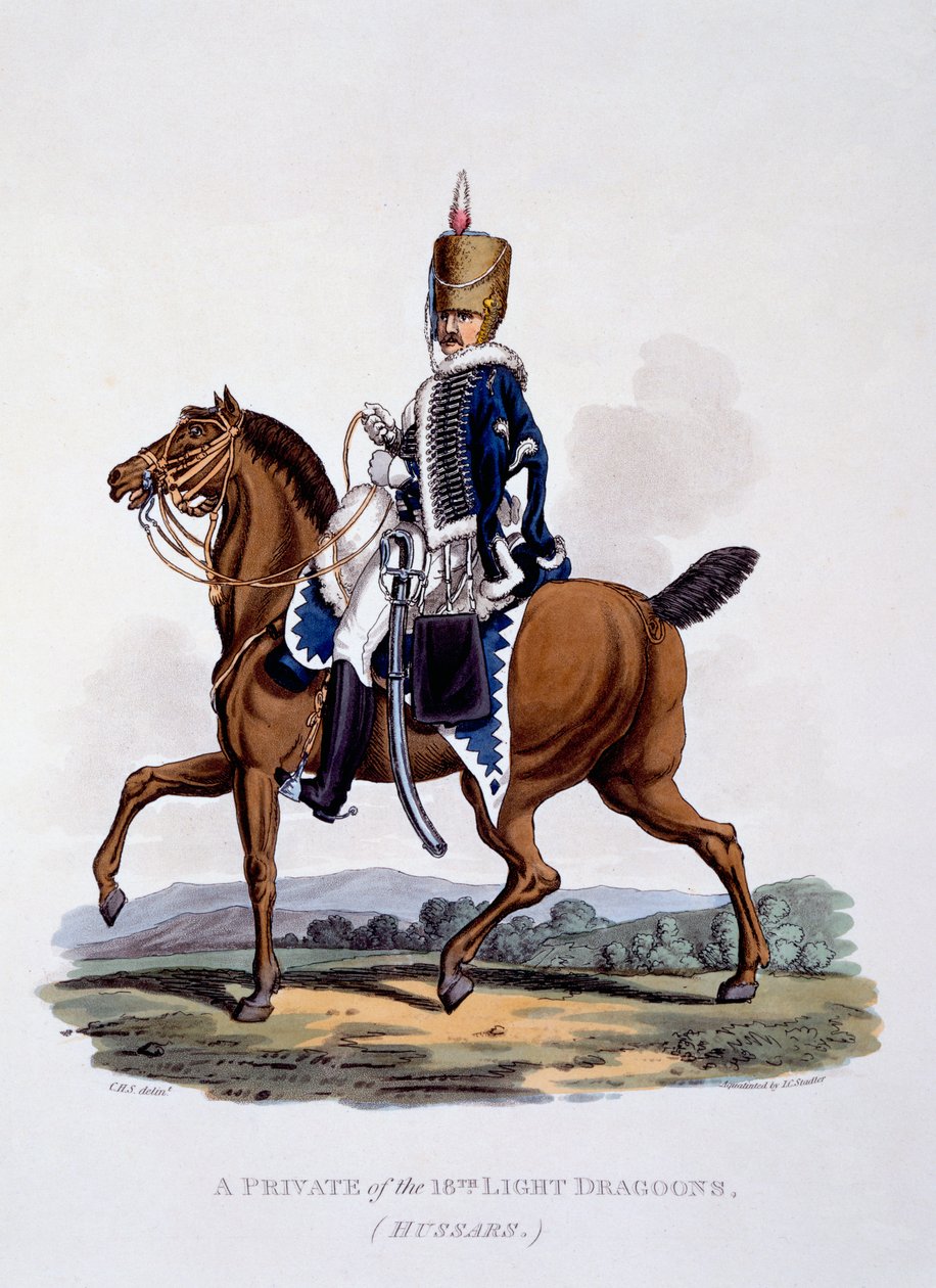18. valodraguonien (husaarien) sotamiesten univormu teoksesta "British Imperiumin puku, viimeisten määräysten mukaan", julkaistu 1812-15 (käsinvärinen akvatinta) tekijältä Charles Hamilton Smith
