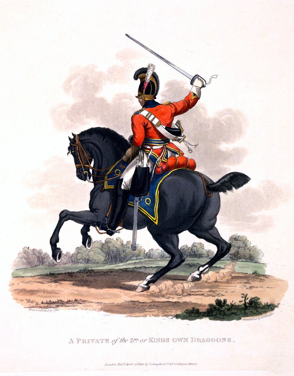 Kolmannen tai kuninkaan omien lohikuunien sotamiesten univormu vuonna 1812 julkaistusta Brittiläisen imperiumin asusta viimeisten säännösten mukaan (käsinvärinen akvatinta) tekijältä Charles Hamilton Smith