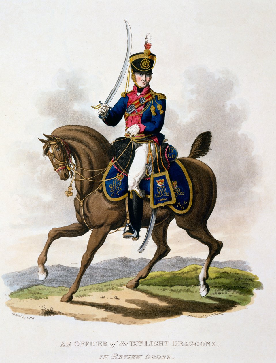 9. Light dragoons -upseerin univormu Review Orderissa, julkaisusta "British Imperiumin puku, viimeisten säännösten mukaan", julkaistu 1812-1815 (käsinvärinen akvatinta) tekijältä Charles Hamilton Smith