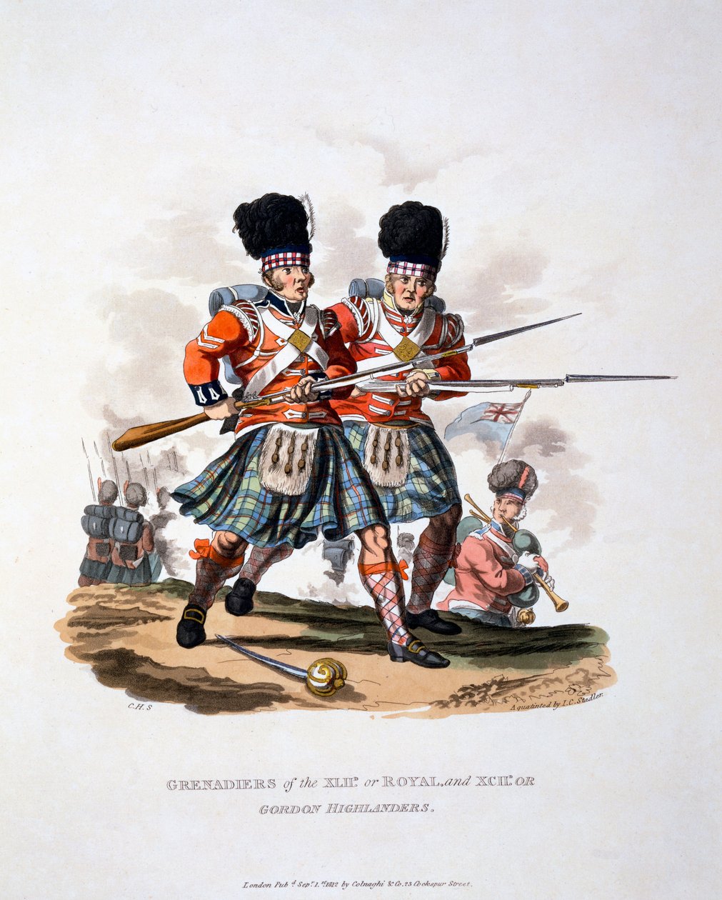Kuninkaallisten ja Gordon Highlandersin grenadiersin univormu julkaisusta "British Imperiumin puku, viimeisten määräysten mukaan", julkaistu 1812 (käsinvärinen akvatinta) tekijältä Charles Hamilton Smith