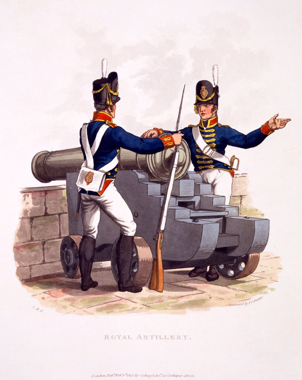 Kuninkaallisen tykistön univormu, julkaisusta "British Imperiumin puku, viimeisten määräysten mukaan", julkaistu 1815 (käsinvärinen akvatinta) tekijältä Charles Hamilton Smith