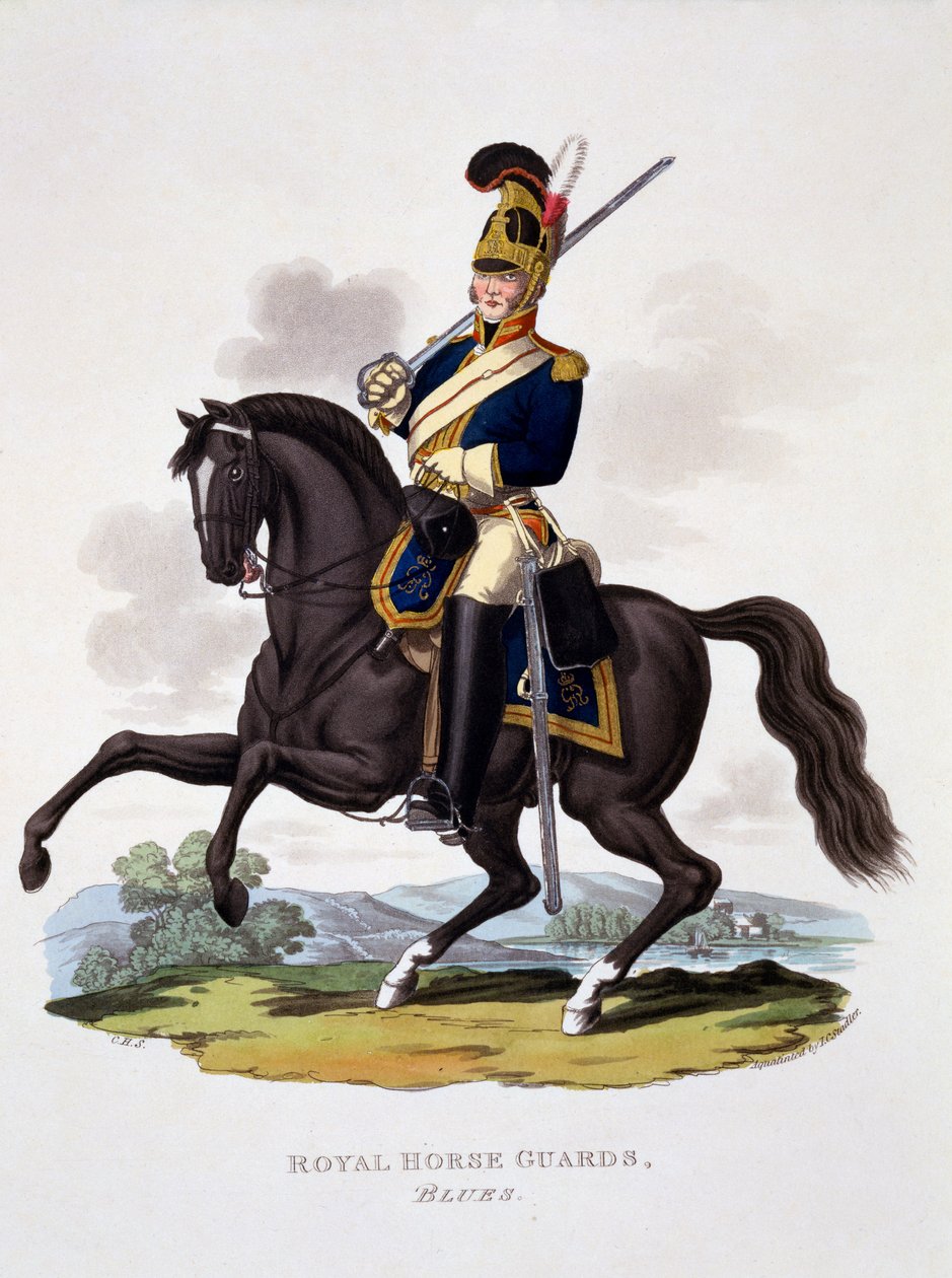Kuninkaallisen hevoskaartin "sinisten" univormu, teoksesta "Costume of the British Empire, according to the Last Regulations", julkaistu 1812-15 (käsin värjätty akvatintta). tekijältä Charles Hamilton Smith