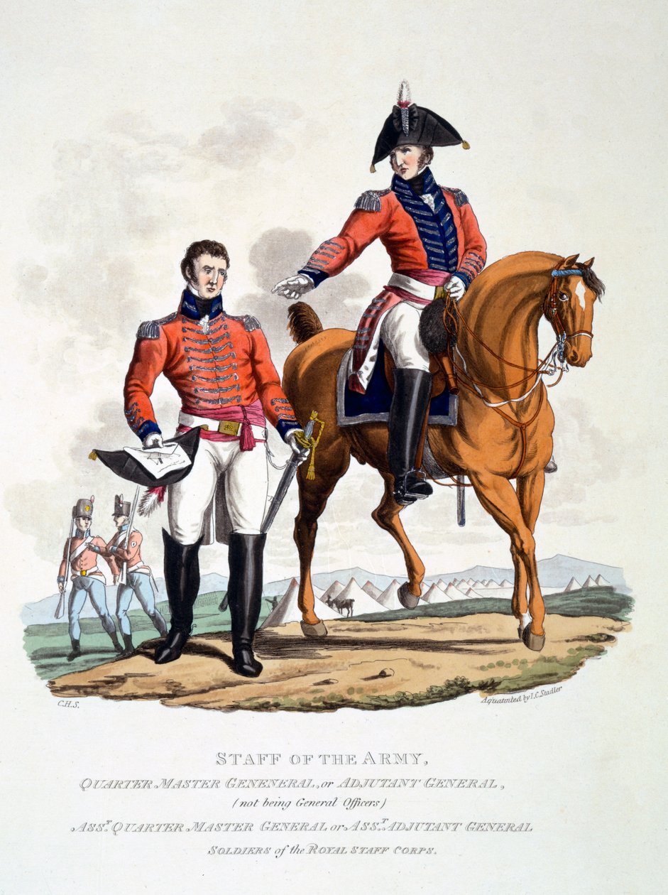 Uniforms of Soldiers of the Royal Staff Corps, julkaisusta "British Imperiumin puku, viimeisten säännösten mukaan", julkaistu 1813 (käsinvärinen akvatinta) tekijältä Charles Hamilton Smith