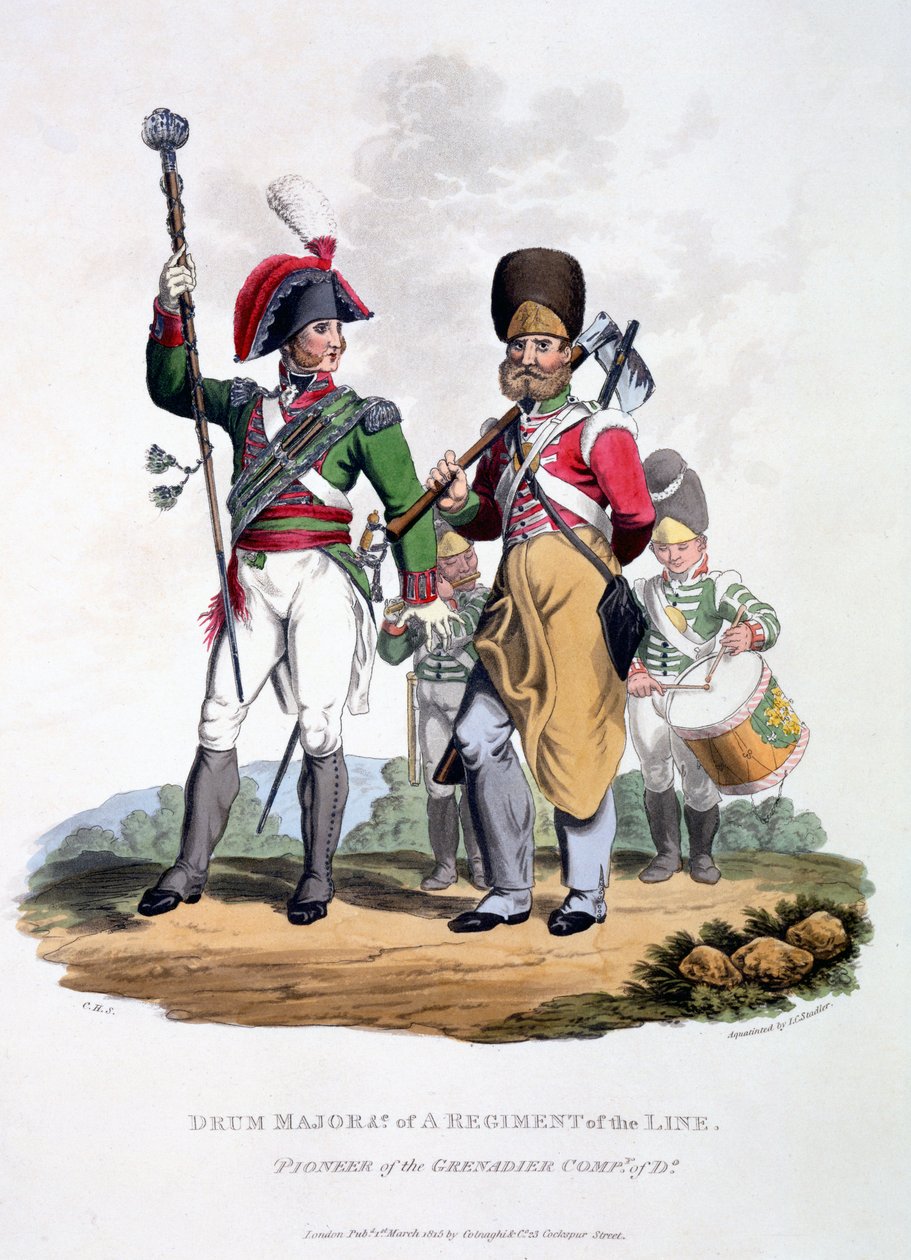 Linjarykmentin rumpumajurin univormut - Grenadier Companyn edelläkävijä, julkaisusta "British Imperiumin puku, viimeisten määräysten mukaan", julkaistu 1815 (käsinvärinen akvatinta) tekijältä Charles Hamilton Smith