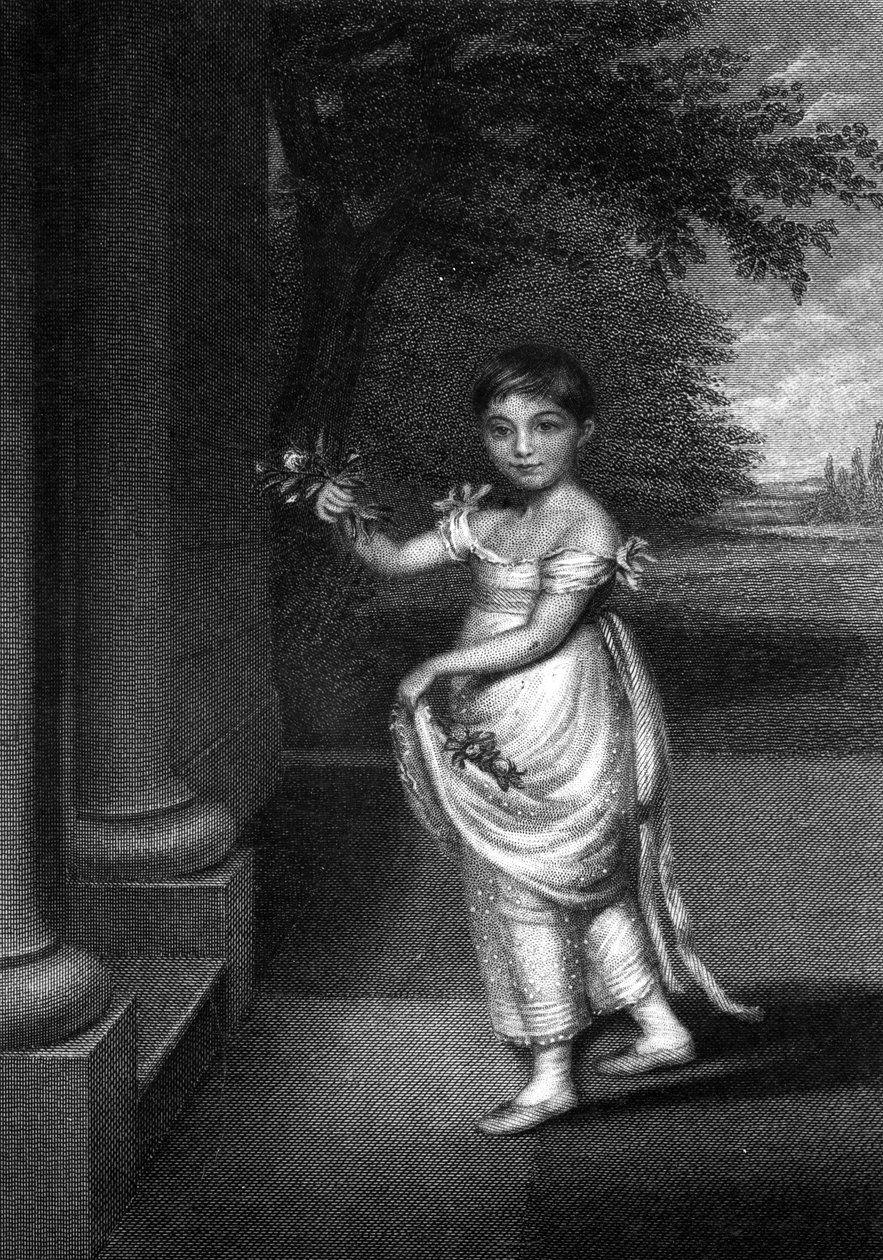 Elizabeth Barrett Moulton-Barrett yhdeksänvuotiaana, kaiverrus G. Cook, n. puolivälissä C19 tekijältä Charles Hayter