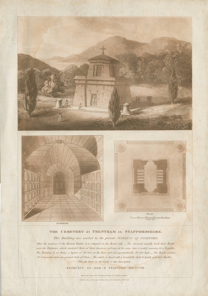 Trentham - Mausoleum: punaruskea akvatintakaiverrus, nd [n. 1808] (vedos) (kuva) tekijältä Charles Heathcote Tatham