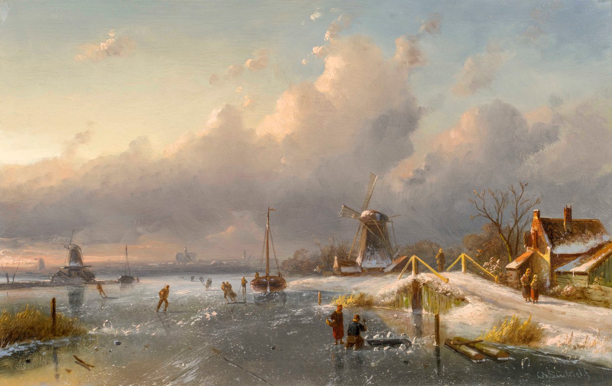 Talvimaisema tuulimyllyjen ja luistelijoiden kanssa jäätyneellä vesiväylällä, 1840-50-luku tekijältä Charles Henri Joseph Leickert