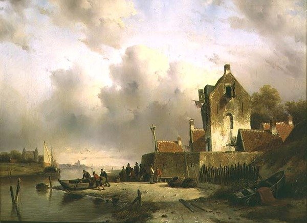 Suisto, jossa on kalastajia laiturin varrella tekijältä Charles Henri Joseph Lieckert