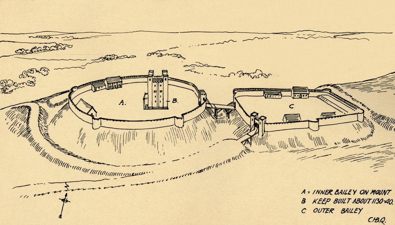 Lintuperspektiivistä Hedinghamin linna, Essexin osittainen jälleenrakennus., 1931 tekijältä Charles Henry Bourne Quennell