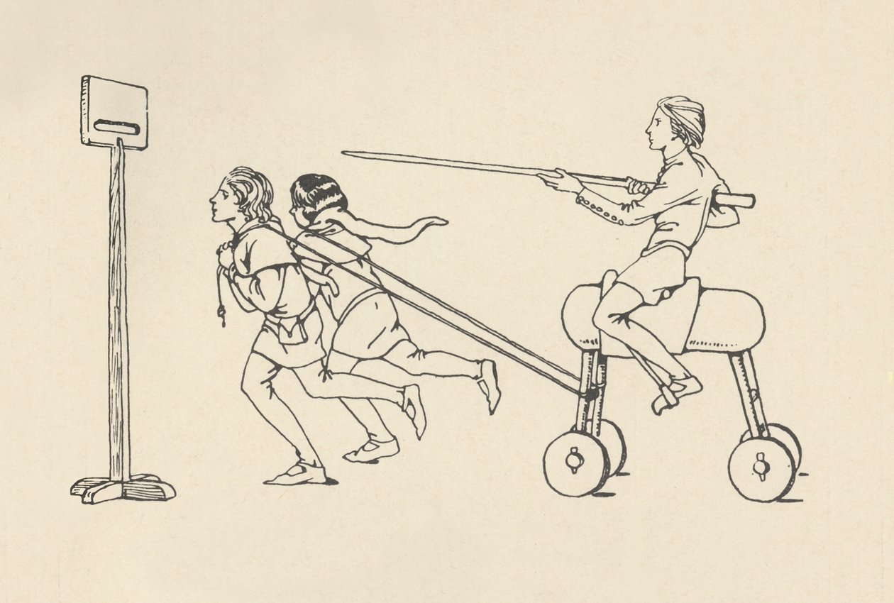Pojat leikkivät Riding at the Quintain Romance of Alexanderissa, noin 1340. Bodleian, 1931 tekijältä Charles Henry Bourne Quennell