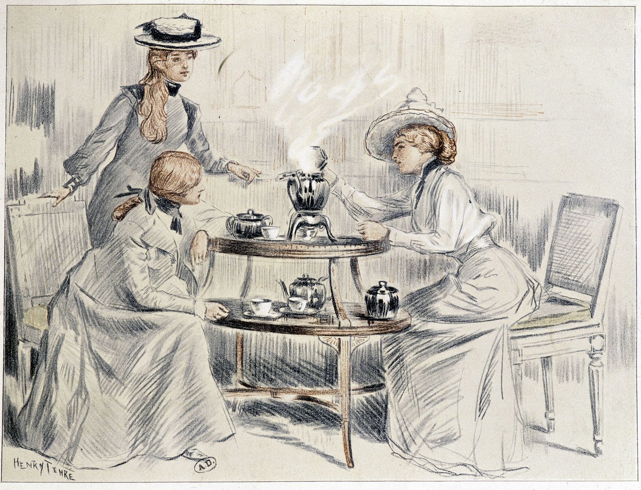 Naiset juomassa teetä pienen samovarin ympärillä - piirustus Henri Tenré, n. 1910 tekijältä Charles Henry Tenre