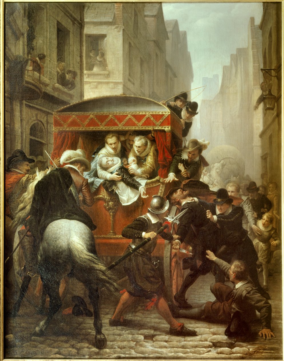 Henry IV:n kuolema: "" Henry IV:n murha Ranskan kuninkaan ja Ravaillacin pidätys"" Kuningas Henrik IV:n (1553-1610) murha ja Francois Ravaillacin (1578-1610) pidätys 14.5.1610 rue de la:lla Ferronnerie Pariisissa. Charles Gustave Ho:n maalaus tekijältä Charles Housez