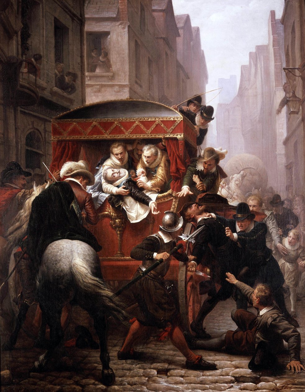 Ranskan kuninkaan Henri IV:n murha Ravaillacin toimesta vuonna 1610 Pariisissa (öljy kankaalle) tekijältä Charles Housez
