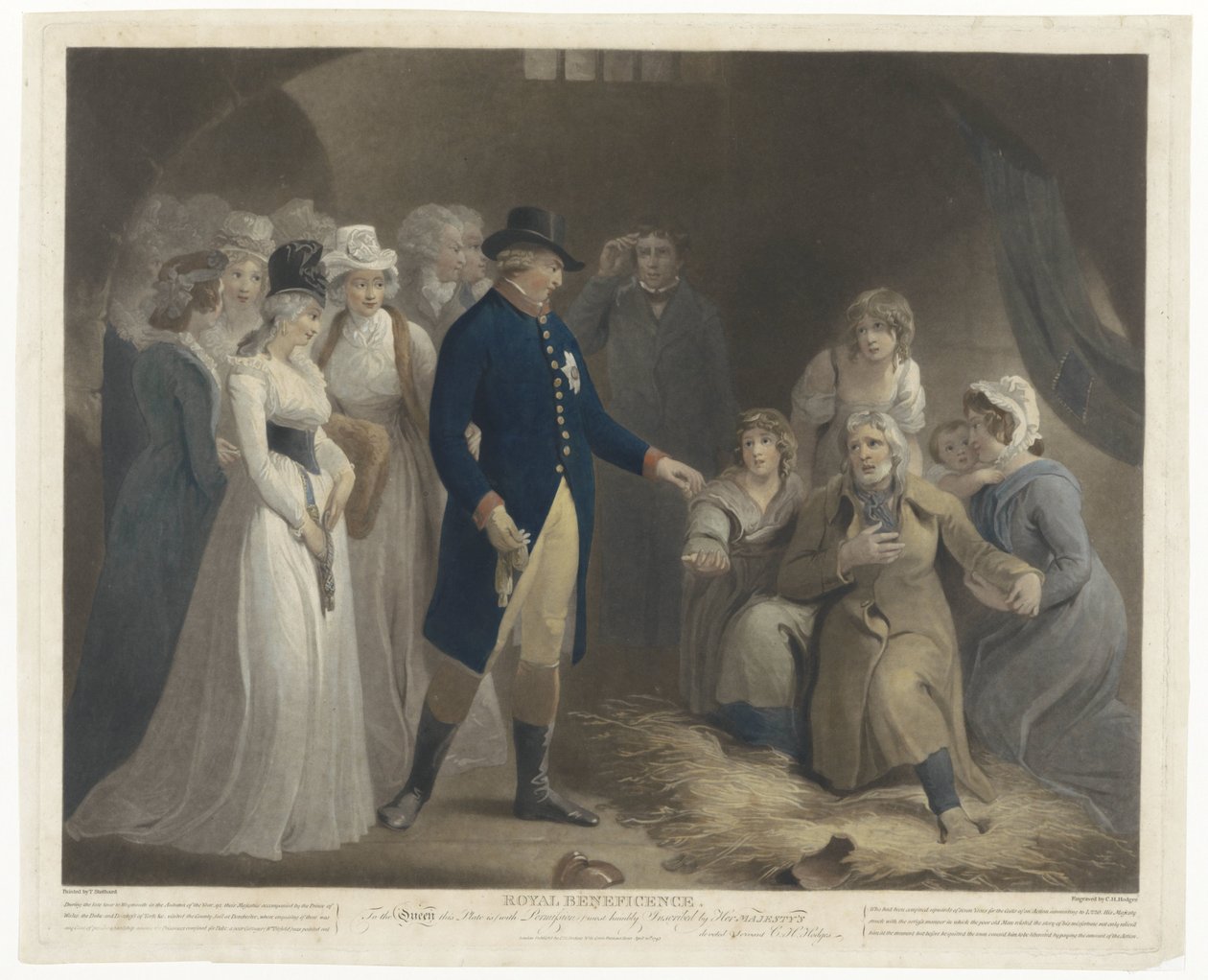 George III vierailee Dorchesterin vankilassa perheensä kanssa Royal Beneficence (nimi esineessä) tekijältä Charles Howard Hodges