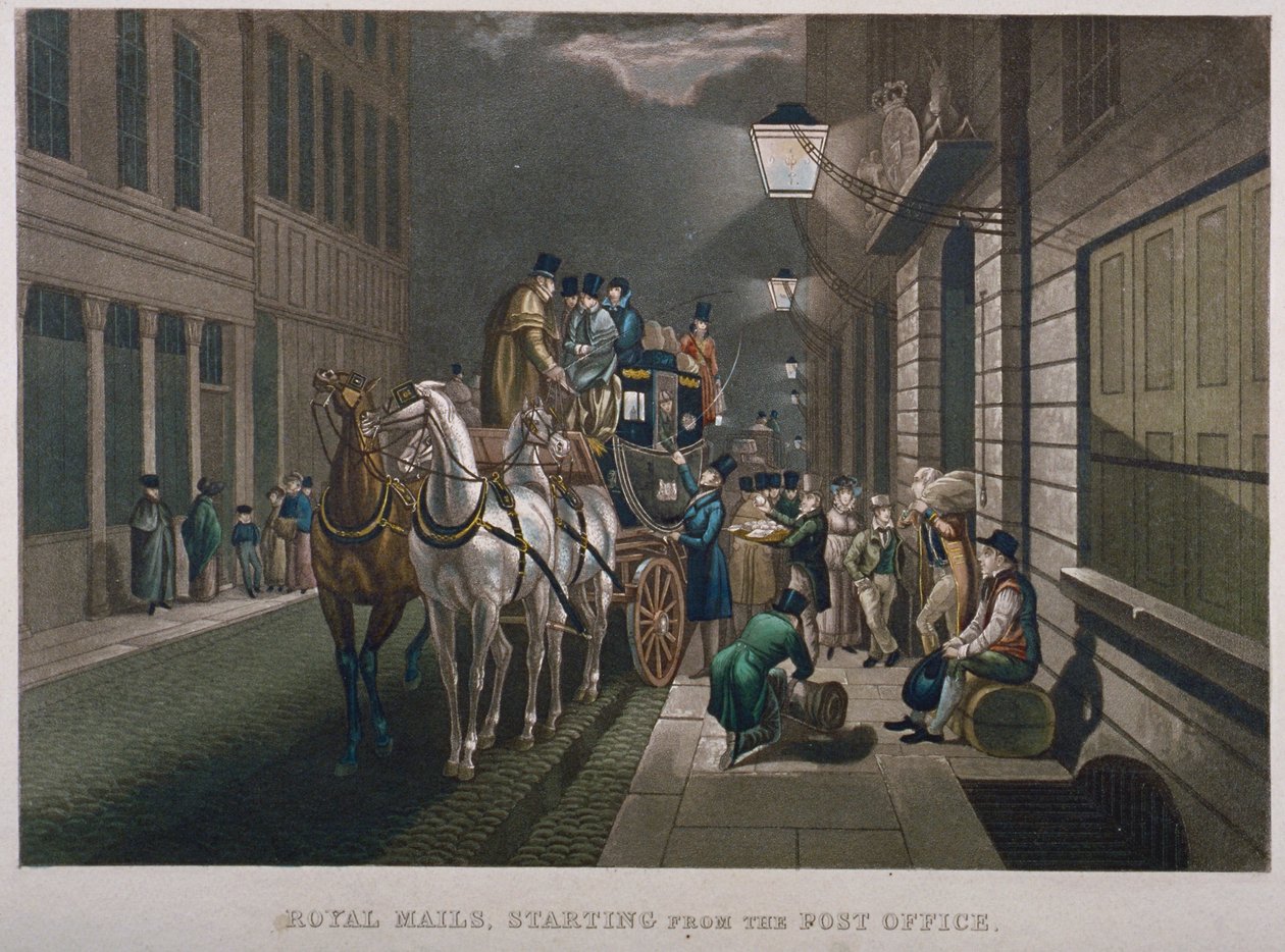 Postilinja-auto pääpostin ulkopuolella, Lombard Street, Lontoo, 1827 tekijältä Charles Hunt