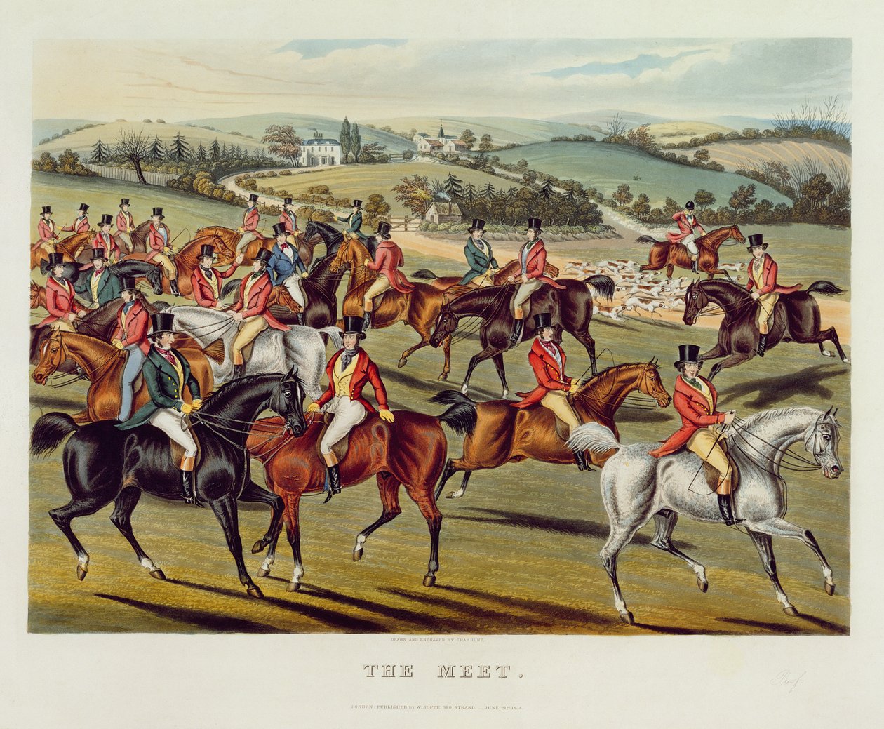 "The Meet", levy I teoksesta "Fox Hunting", 1838 (käsinvärinen akvatinta) tekijältä Charles Hunt