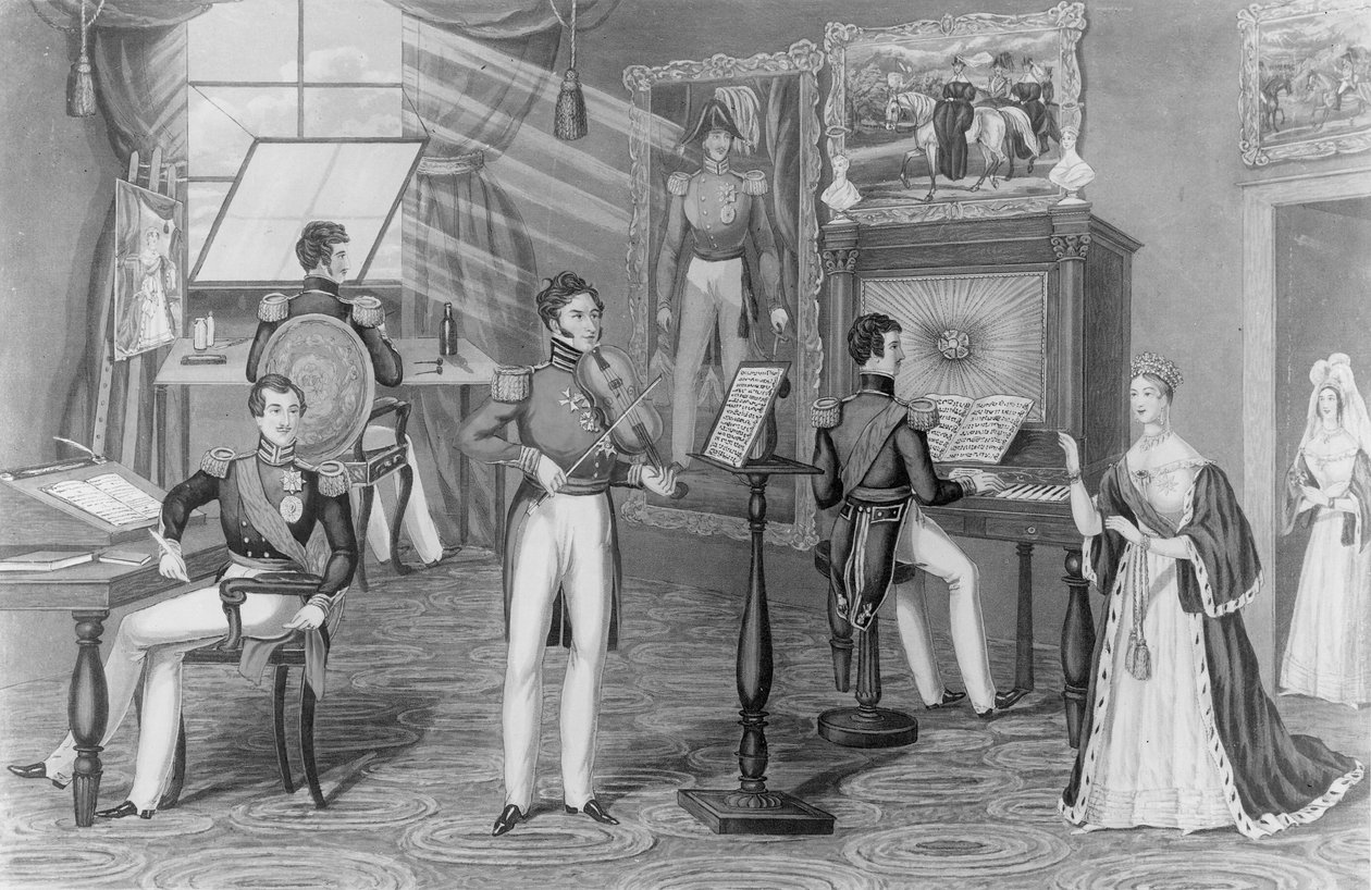 Windsorin ihme: Taiteilija, runoilija, viulunsoittaja, tässä me näemme, ja kaikki on Tweedle-dumia ja Tweedle-deeä, n. 1841 (litho) (bw kuva) tekijältä Charles Hunt
