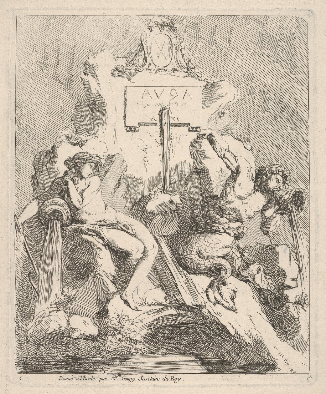 Suunnitelma suihkulähteelle, jossa on istuva nymfi vasemmalla ja triton, joka pitää kuorta suullaan..., 1768. tekijältä Charles Hutin