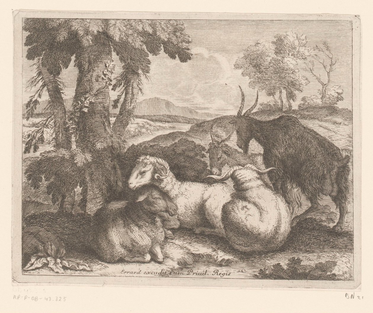Lampaat ja vuohet puun alla Eläinsarja (sarjan nimi) tekijältä Charles II Errard (attributed to)