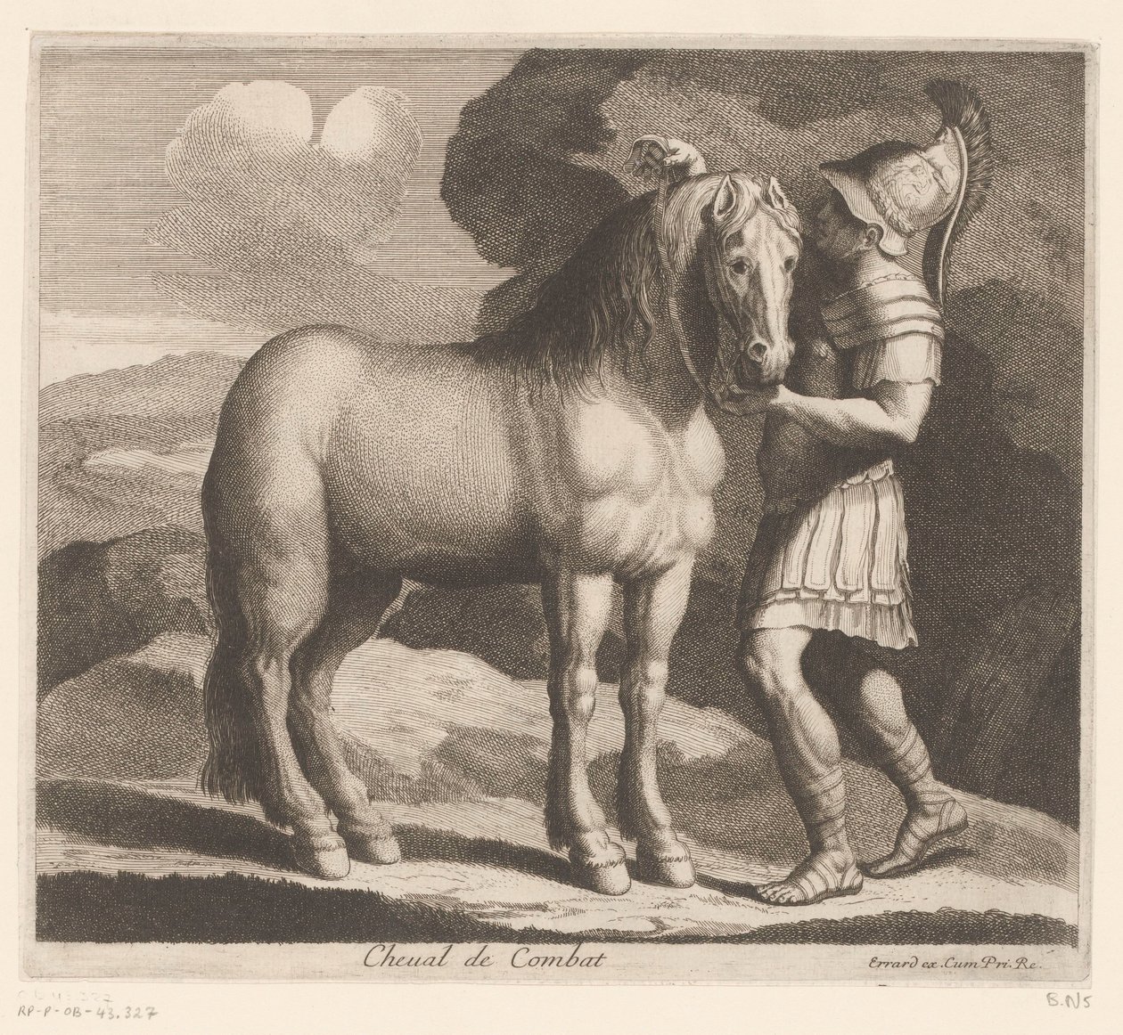 Sotilas valjastaa hevosen Cheval de Combat (nimi esineessä) Eläinsarja (sarjan nimi) tekijältä Charles II Errard (attributed to)