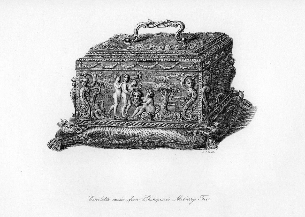Shakespearen mulperipuusta valmistettu veistetty kasetti, 1700-luku, 1840 tekijältä Charles J. Smith