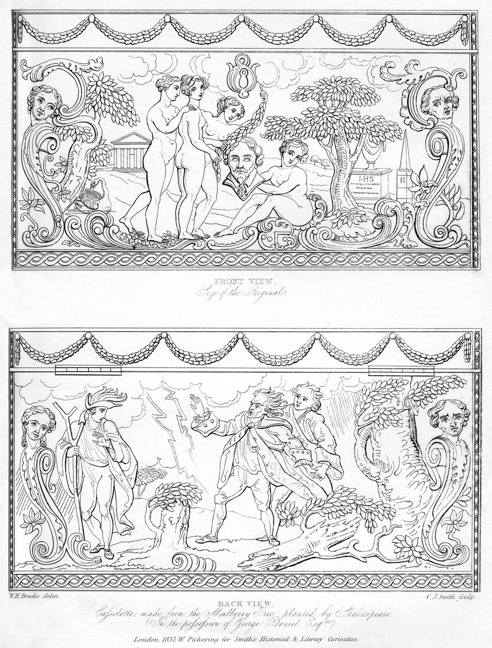 Shakespearen mulperipuusta valmistettu veistetty kasetti, 1700-luku, 1840 tekijältä Charles J. Smith